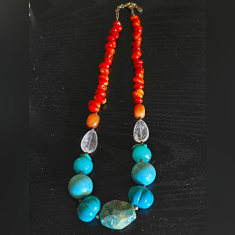 Hand crafted Turquoise and Red Beaded Necklace Native Indian Jewelry